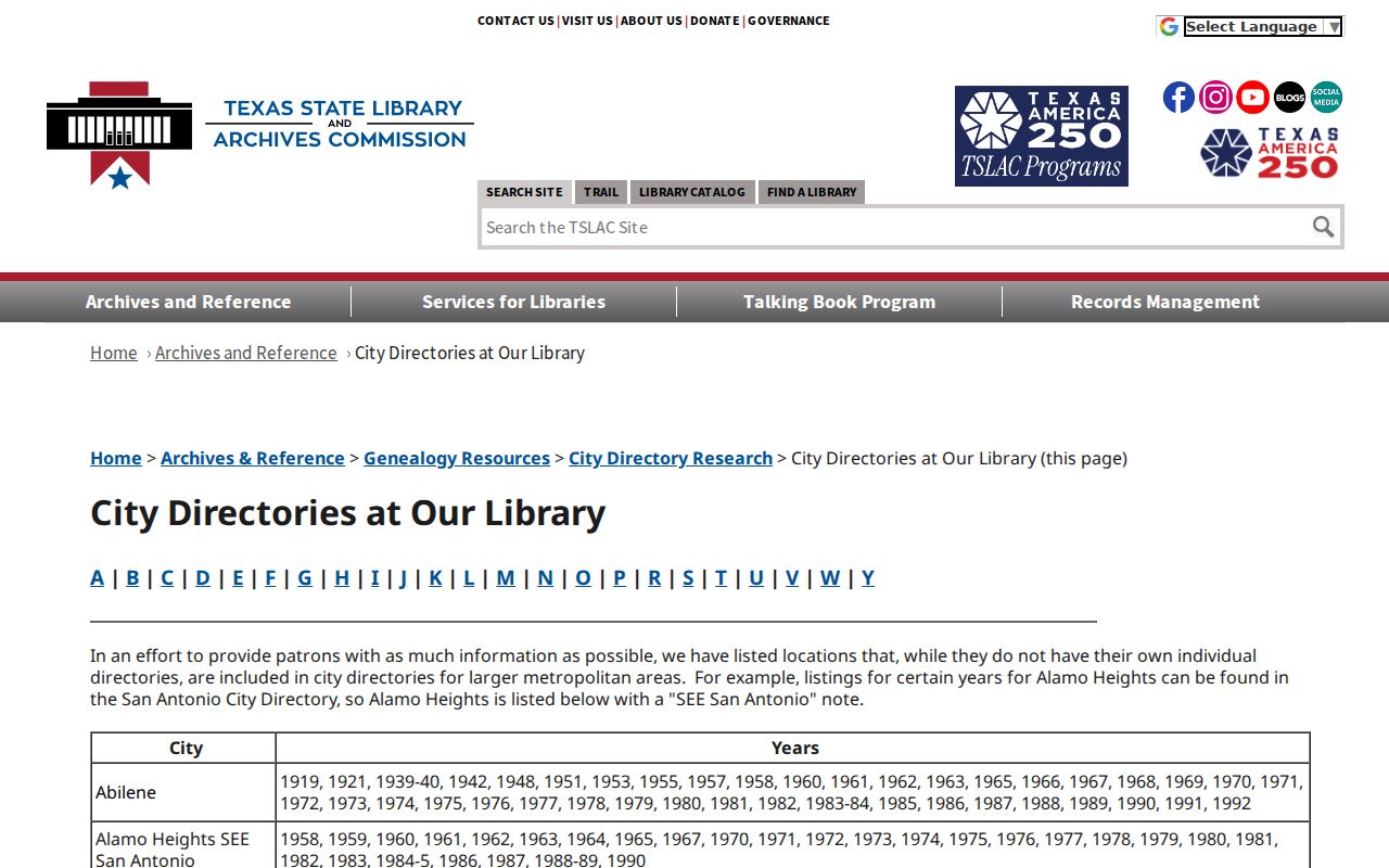 Webb County city directory years listed for Laredo by TSLAC