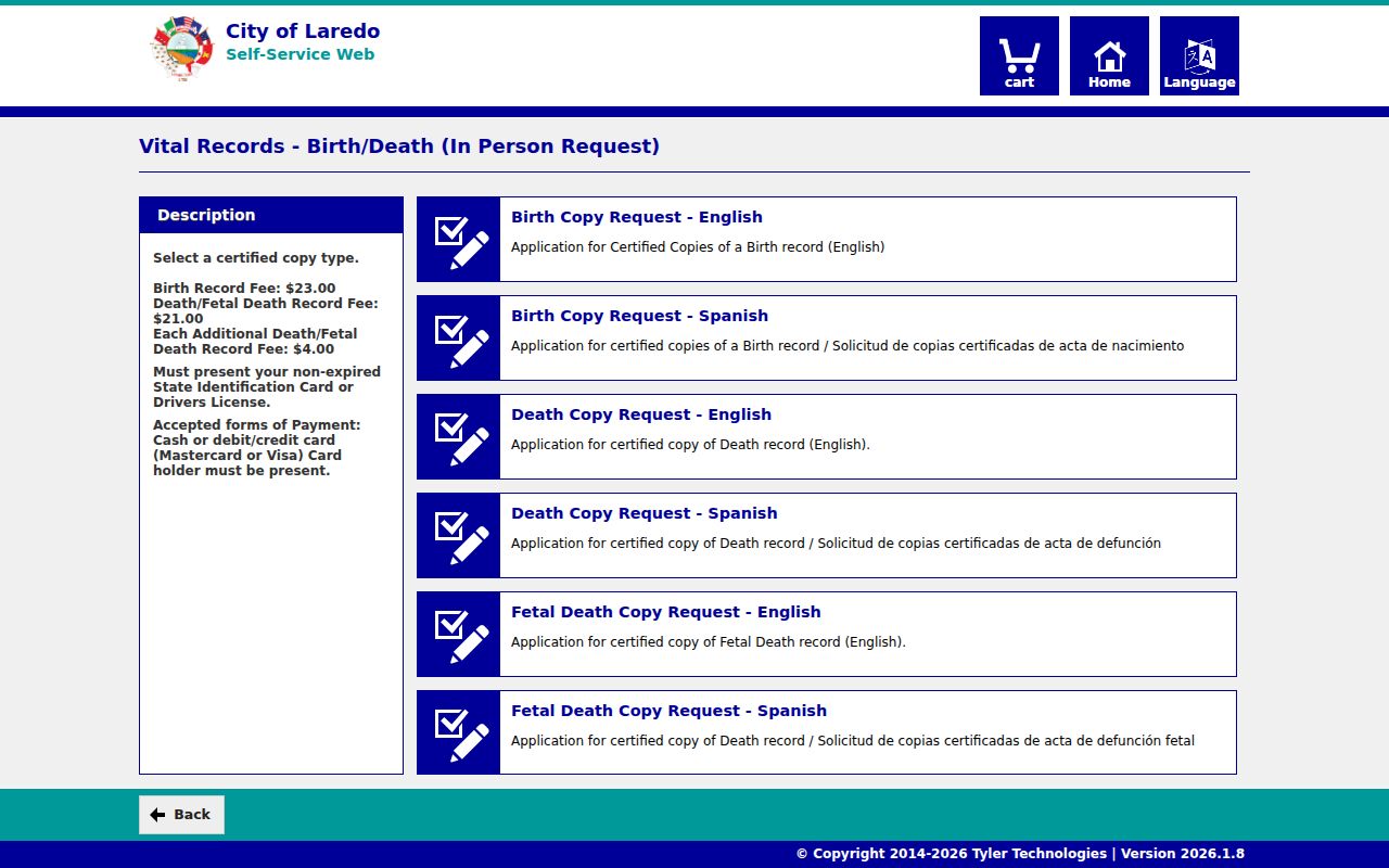 Webb County resident lookup Laredo vital-statistics request page