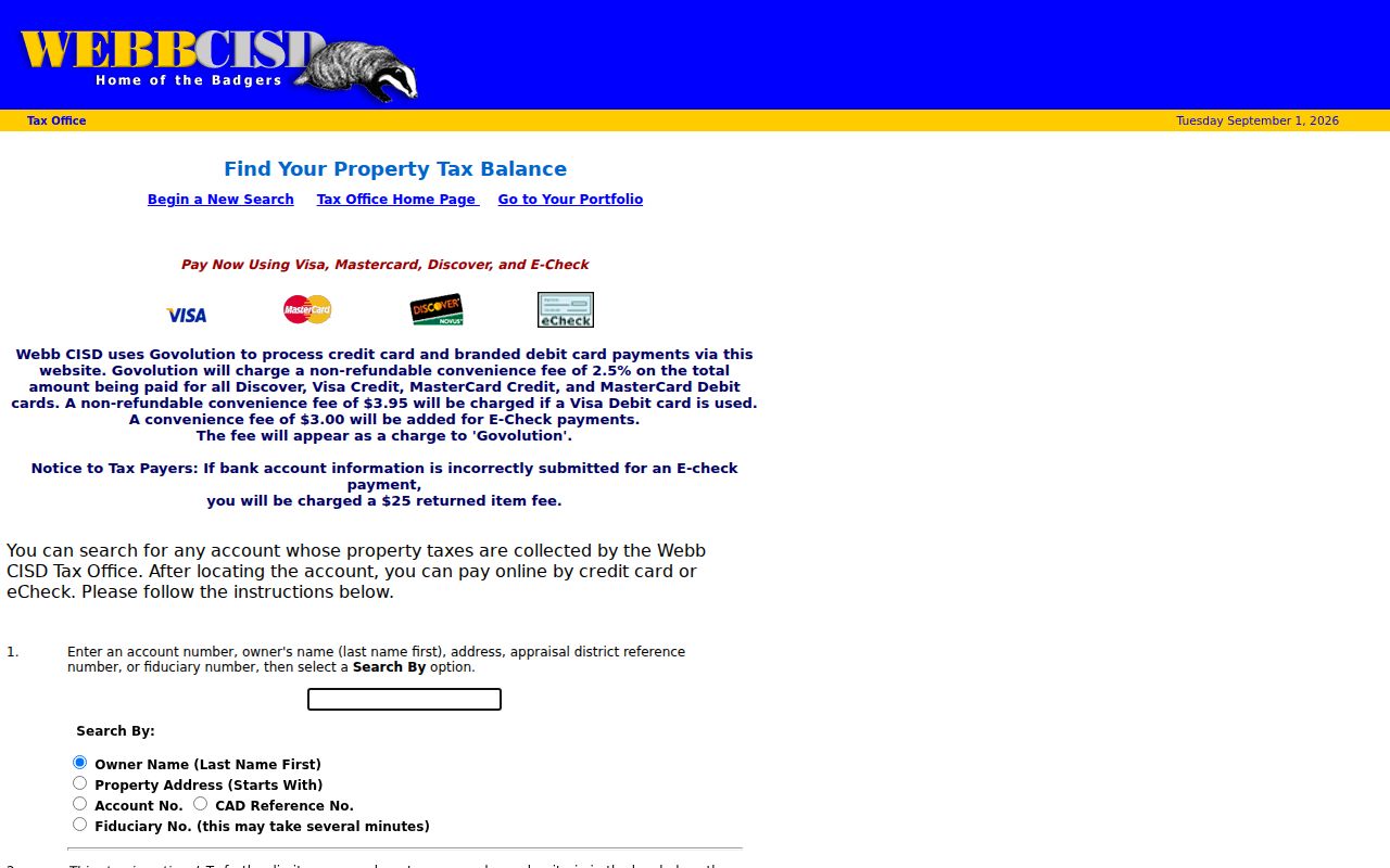 Webb County residents directory tax account search fields
